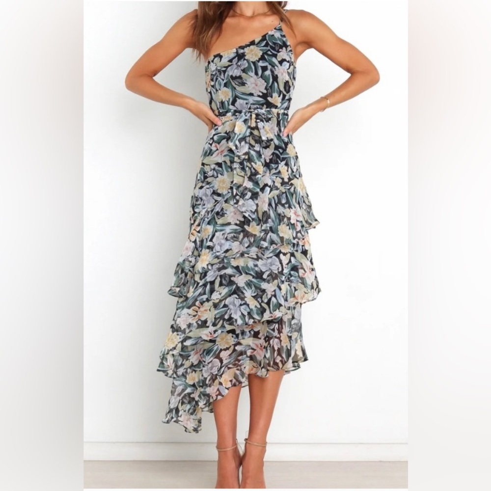 Petal & Pup Asymmetrical Floral Dress in Black with Pastel Florals